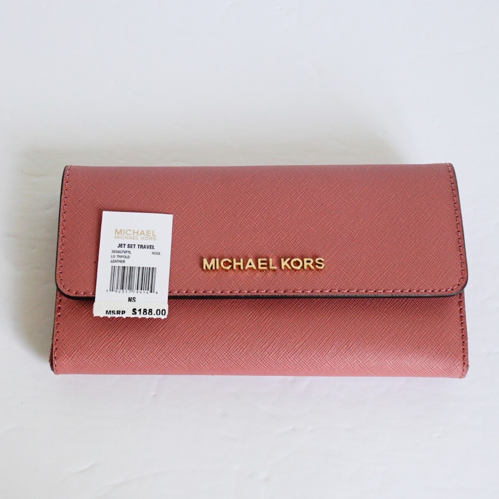 Michael Kors Jet Set LG Trifold Wallet Pink Rose - Picture 7 of 8